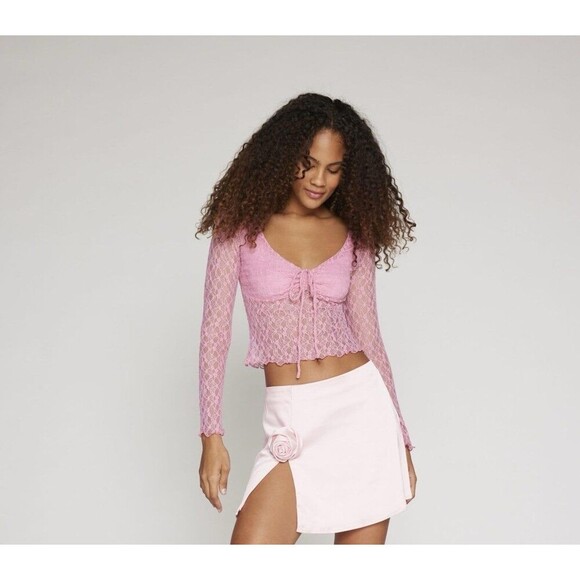 Urban Outfitters Kimchi Blue Daphne Lace Cropped Top Pink Sheer Women’s Small - Picture 1 of 8